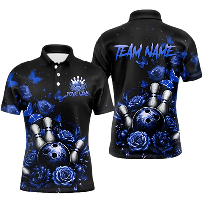 Custom Purple Rose Bowling Polo Shirt Men, Custom Floral Bowling Team Shirt BZ1000