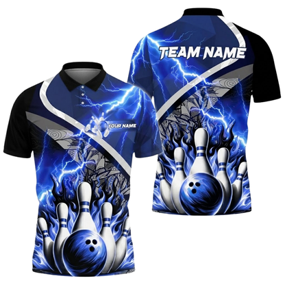 Custom Blue Thunder Flame Bowling Polo Shirt For Men, Custom Team Flame Bowling Shirts BZ0513