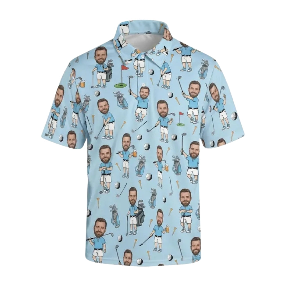 Custom Funny Face Golf Polo Shirt For Men Blue, Custom Photo Golf Shirts GE0385