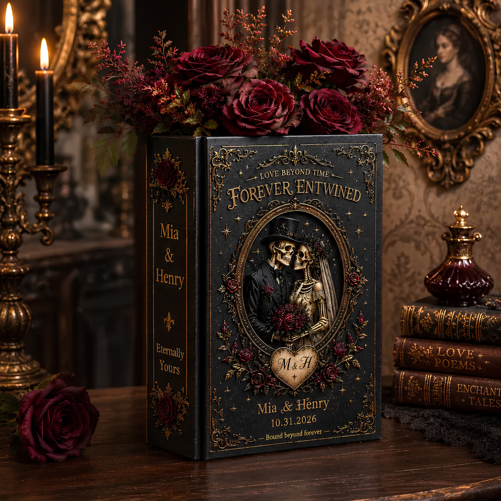 Love Beyond Time Forever Entwined Custom Couple Skeleton Name Wedding Black Ceramic Book Vase, Custom Gothic Wedding Book Vase WD0591