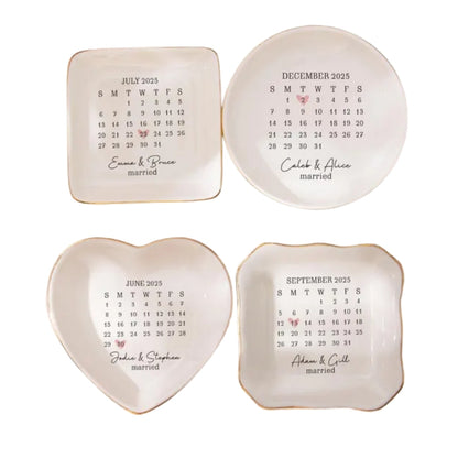 Custom Calendar Date Engagement Wedding Ring Dish, Custom Calendar Wedding Jewelry Dish For Bridal WD0179