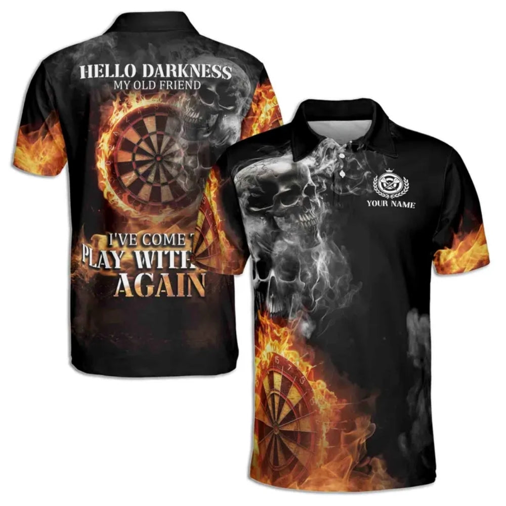 Hello Darkness My Old Friend I've Come To Play With You Again Custom Flame Skull Darts Men's Polo Shirts, Custom Funny Skull Darts Shirts For Team DE0056
