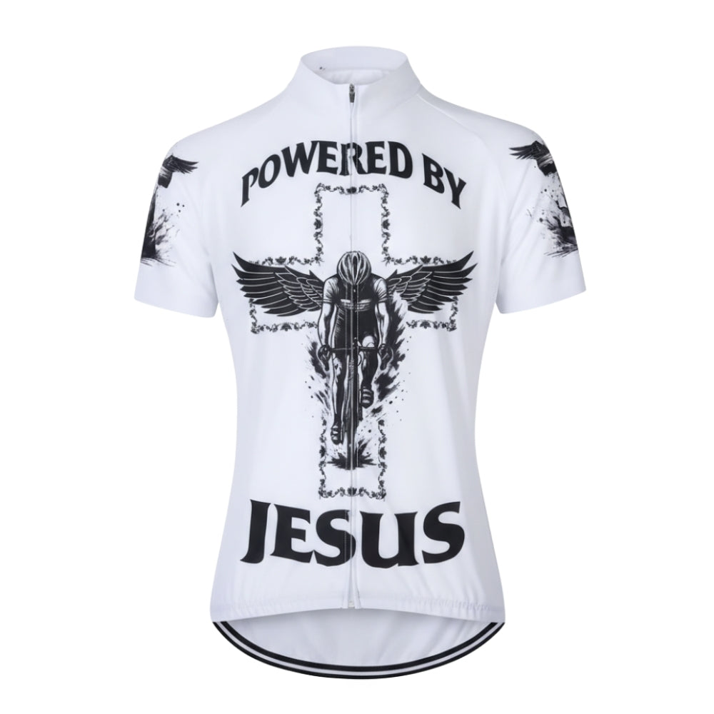 Powered By Jesus Men's White Cycling Short Sleeve Jerseys, Christian Cycling Jerseys For Mens CE0038