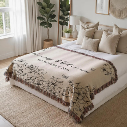 Custom Floral Wedding Woven Blanket with Names & Date, Custom Wedding Anniversary Engagement Blanket WD0002