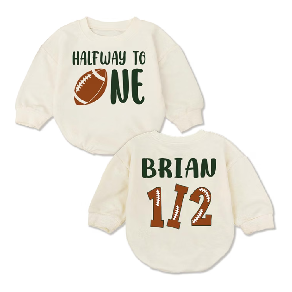 Custom Half Way To One Football Baby Romper Sweatshirt, Custom 1/2 Birthday Football Baby Romper Sweater BB0577
