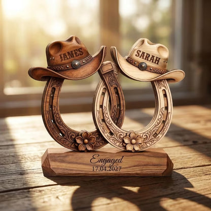 Custom Horseshoe Cowboy Hat Couple Wooden Plaque For Engagement, Custom Western Wedding Wooden Block WD0873