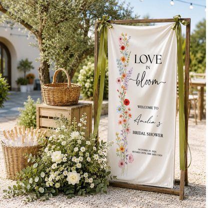 Love In Bloom Custom Bridal Shower Fabric Welcome Banner, Custom Floral Bridal Shower Party Welcome Sign WD0456