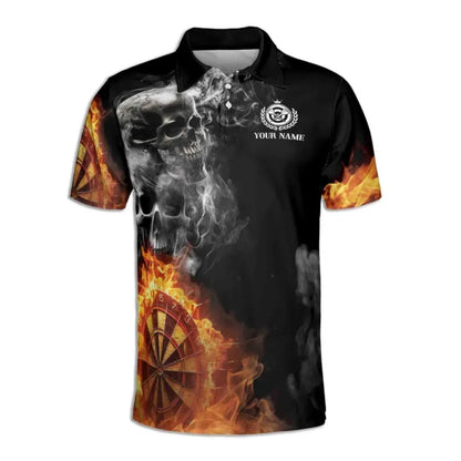 Hello Darkness My Old Friend I've Come To Play With You Again Custom Flame Skull Darts Men's Polo Shirts, Custom Funny Skull Darts Shirts For Team DE0056