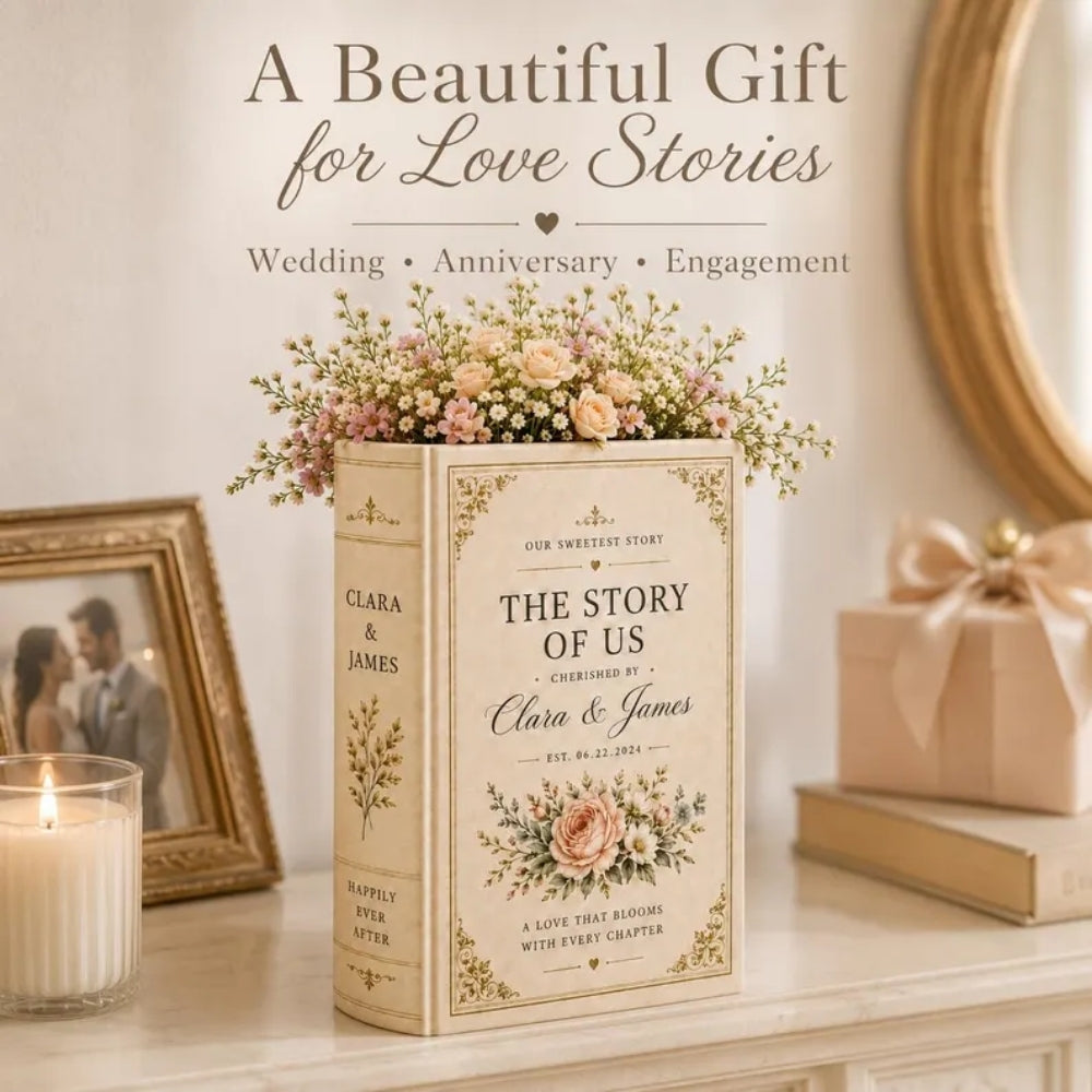 The Story Of Us Custom Ceramic Book Vase, Personalized Wedding Flower Book Vase WD0977