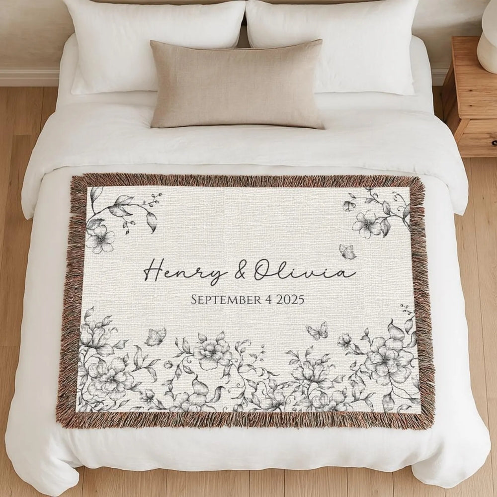 Custom Floral Wedding Woven Blanket with Names & Date, Custom Wedding Anniversary Engagement Blanket WD0002