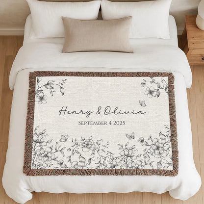 Custom Floral Wedding Woven Blanket with Names & Date, Custom Wedding Anniversary Engagement Blanket WD0002