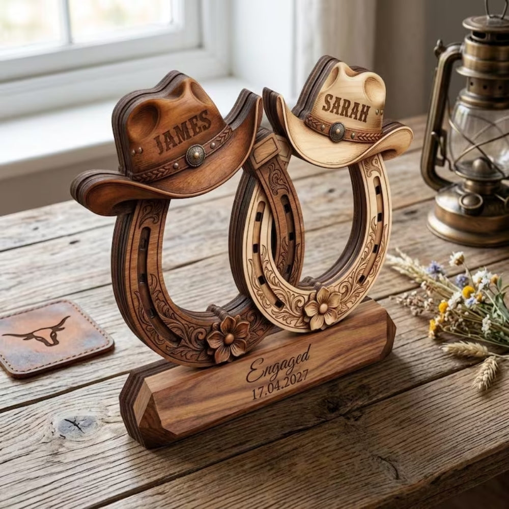 Custom Horseshoe Cowboy Hat Couple Wooden Plaque For Engagement, Custom Western Wedding Wooden Block WD0873