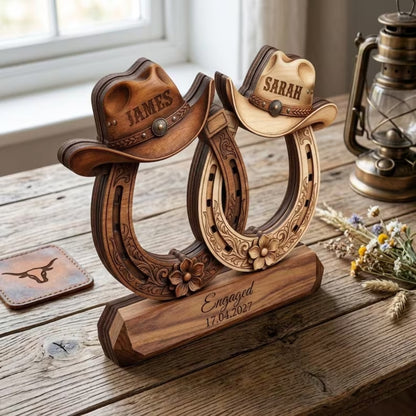 Custom Horseshoe Cowboy Hat Couple Wooden Plaque For Engagement, Custom Western Wedding Wooden Block WD0873