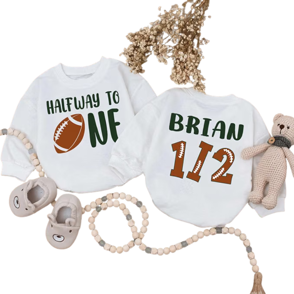Custom Half Way To One Football Baby Romper Sweatshirt, Custom 1/2 Birthday Football Baby Romper Sweater BB0577