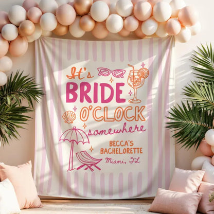It's Bride O'clock Somewhere Custom Pink Stripe Bachelorette Banner, Custom Bachelorette Party Banner WD0429