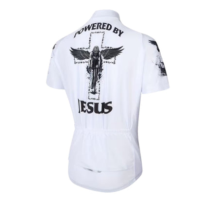 Powered By Jesus Men's White Cycling Short Sleeve Jerseys, Christian Cycling Jerseys For Mens CE0038