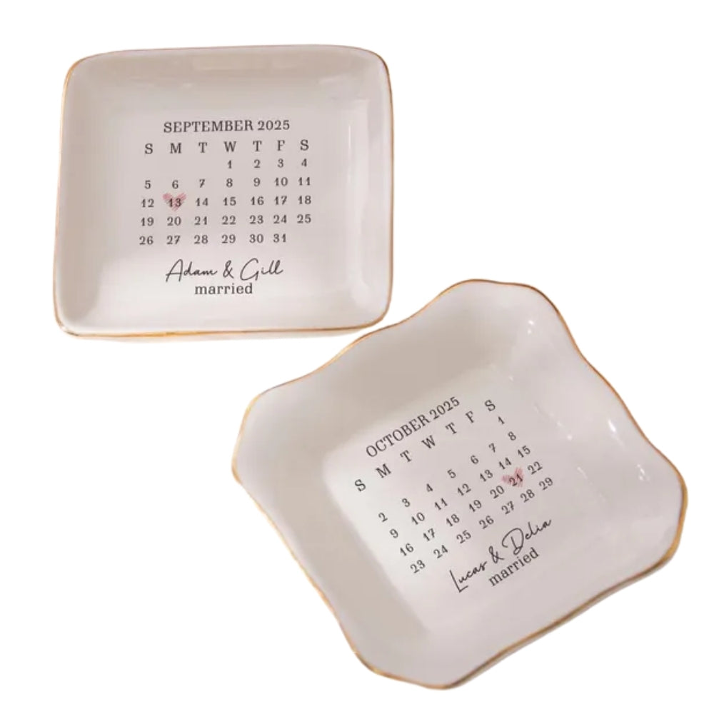 Custom Calendar Date Engagement Wedding Ring Dish, Custom Calendar Wedding Jewelry Dish For Bridal WD0179