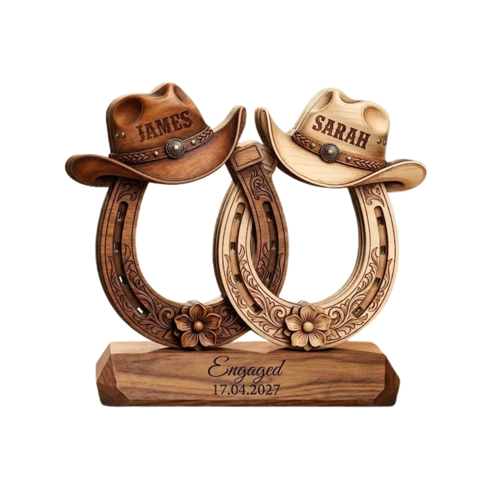 Custom Horseshoe Cowboy Hat Couple Wooden Plaque For Engagement, Custom Western Wedding Wooden Block WD0873