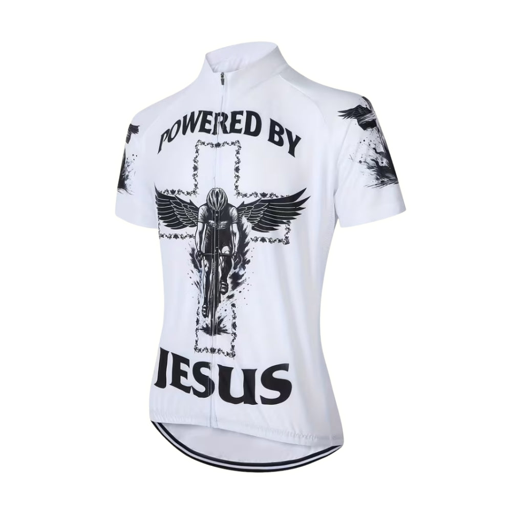 Powered By Jesus Men's White Cycling Short Sleeve Jerseys, Christian Cycling Jerseys For Mens CE0038