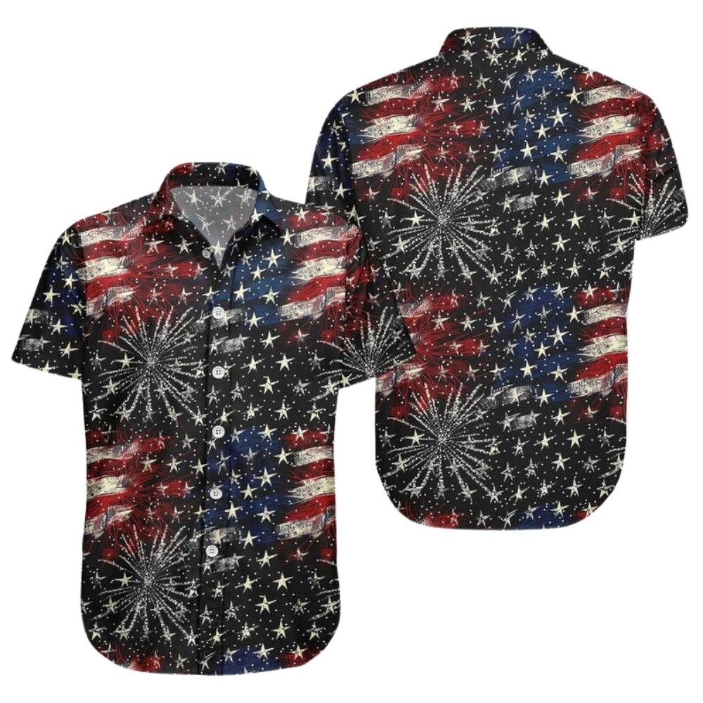 American Flag Fireworks Hawaiian Shirt For Men, Patriotic 4th Of July Hawaiian Shirts HE0211