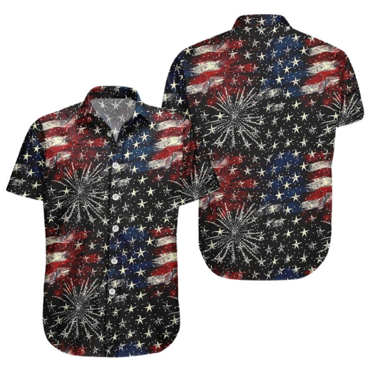 American Flag Fireworks Hawaiian Shirt For Men, Patriotic 4th Of July Hawaiian Shirts HE0211