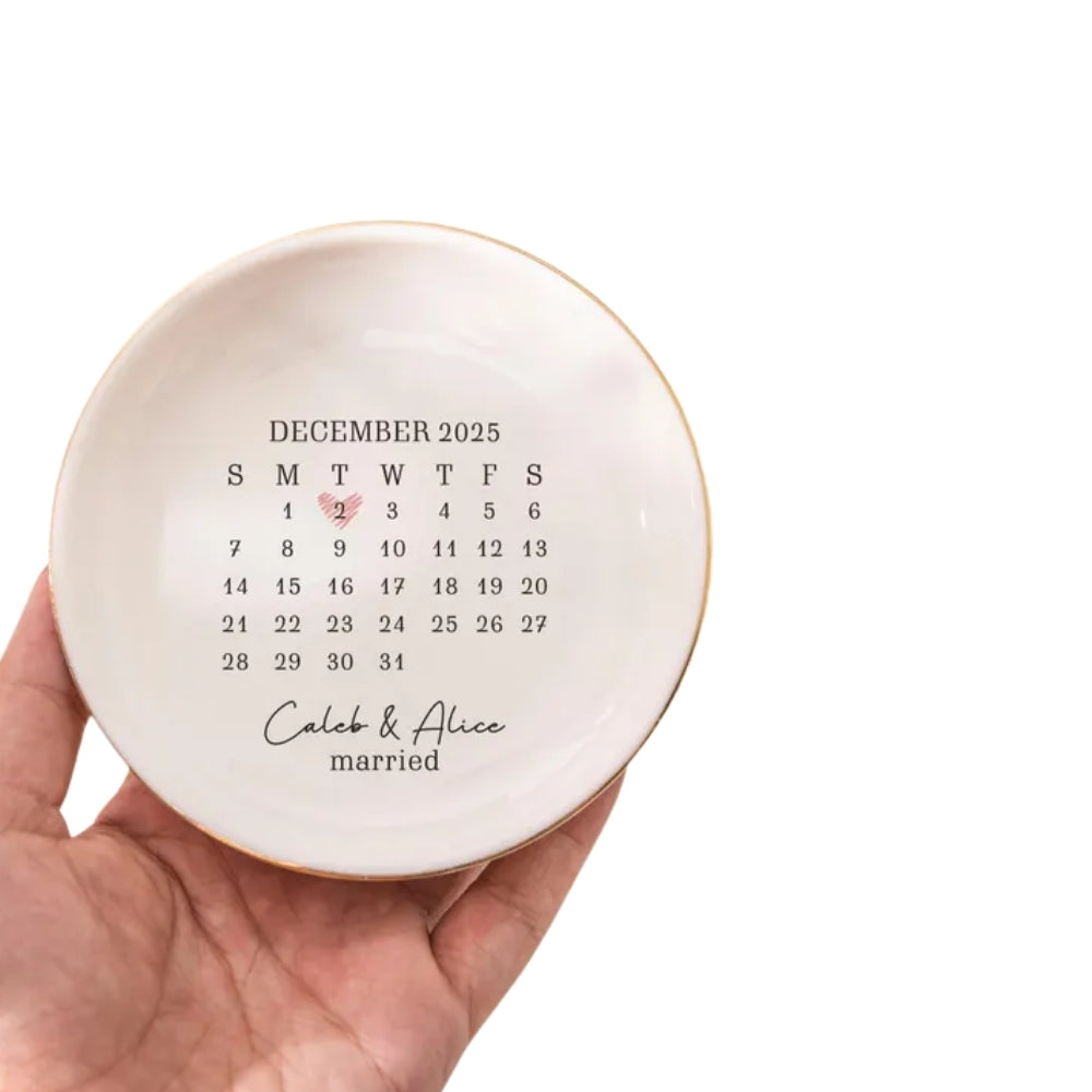Custom Calendar Date Engagement Wedding Ring Dish, Custom Calendar Wedding Jewelry Dish For Bridal WD0179