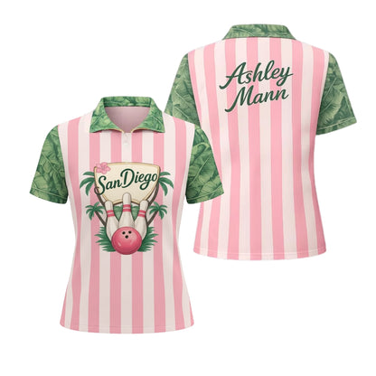 Custom San Diego Tropical Pink Bowling Polo Shirt Women, Custom San Diego Bowling Shirts BE0141