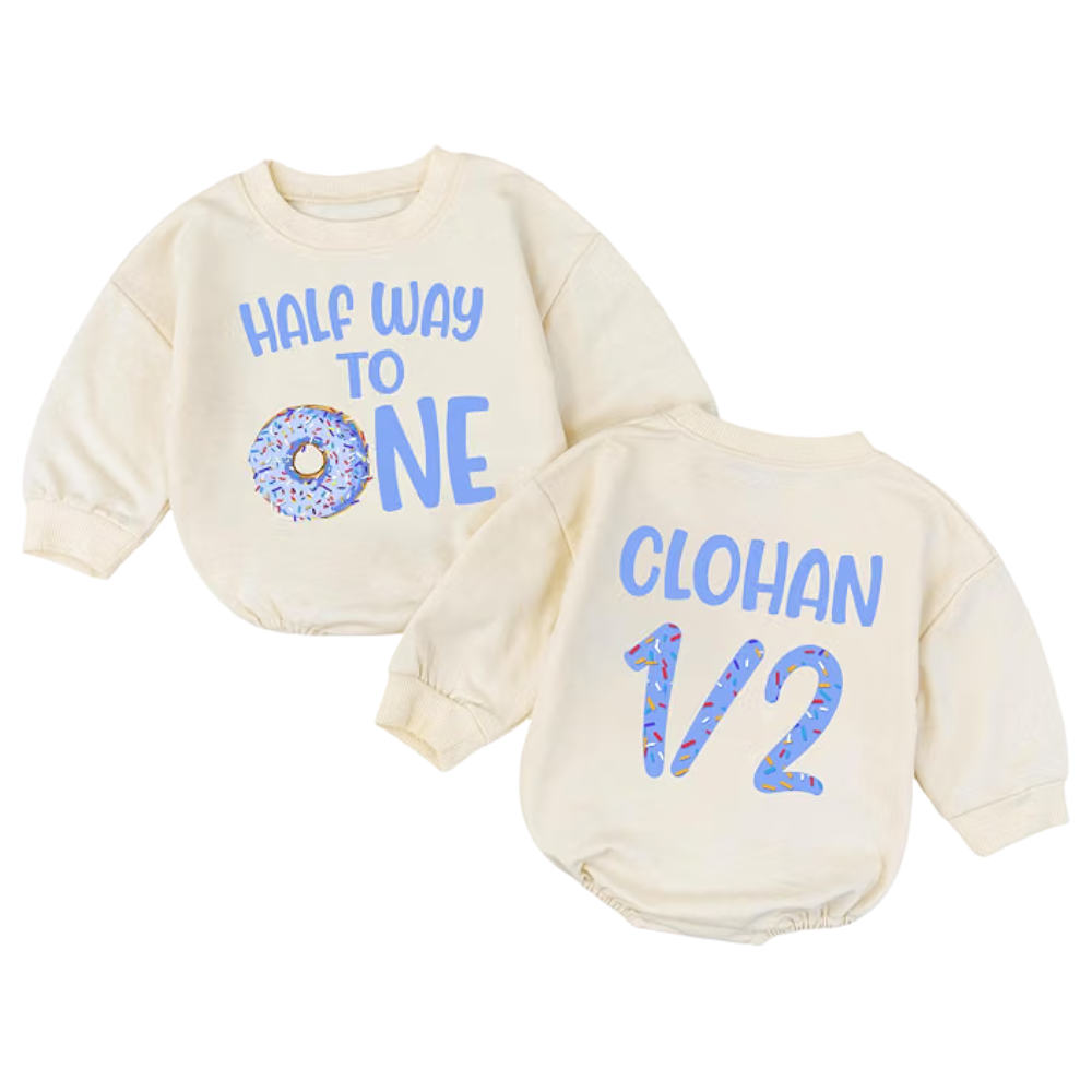 Custom Donut Half Way To One Baby Romper Sweatshirt, Custom Donut 1/2 Birthday Romper Sweatshirt Baby BB0578