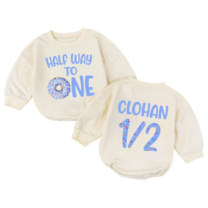 Custom Donut Half Way To One Baby Romper Sweatshirt, Custom Donut 1/2 Birthday Romper Sweatshirt Baby BB0578