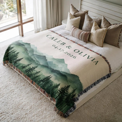 Custom Mountain Forest Wedding Woven Blanket For Couple, Custom Name & Date Wedding Throw Blanket WD0162