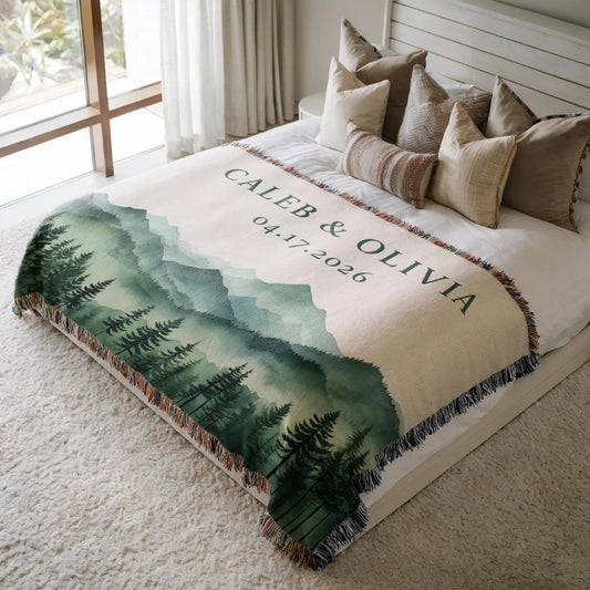 Custom Mountain Forest Wedding Woven Blanket For Couple, Custom Name & Date Wedding Throw Blanket WD0162