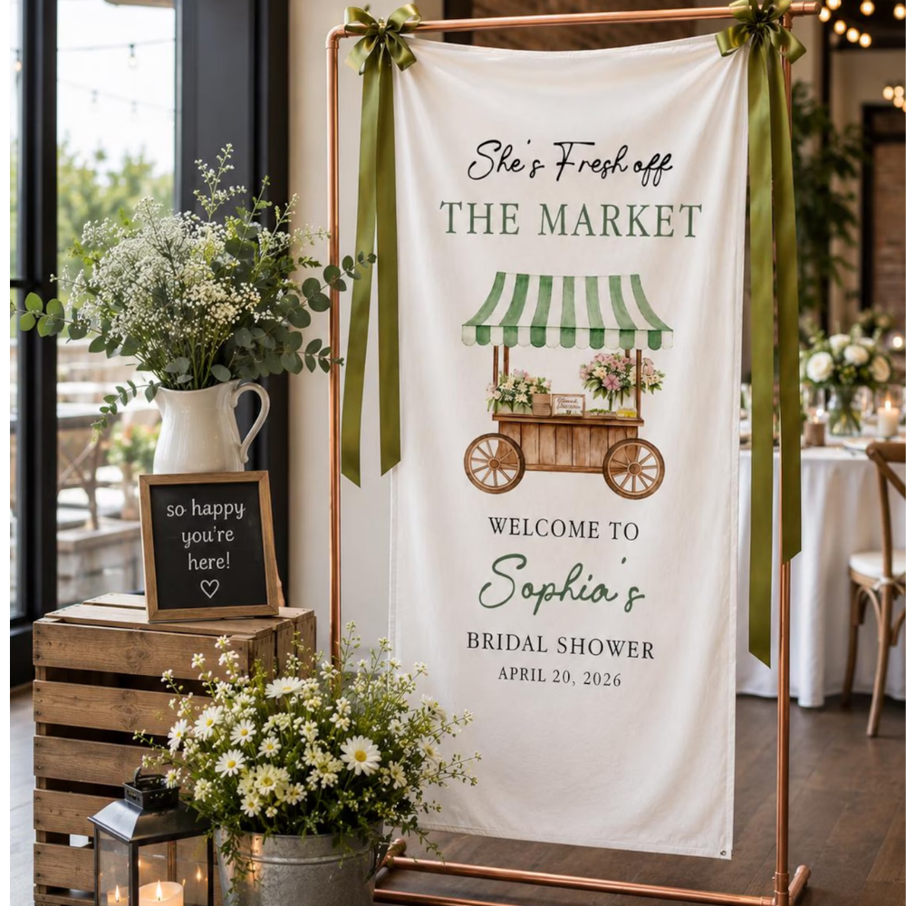 She's Fresh Off The Market Custom Bridal Shower Fabric Welcome Sign, Custom Bridal Shower Banner WD0457