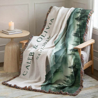 Custom Mountain Forest Wedding Woven Blanket For Couple, Custom Name & Date Wedding Throw Blanket WD0162