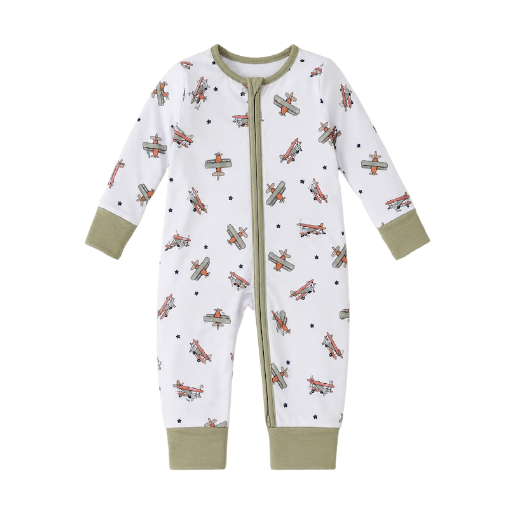 Airplane Green White Baby Convertible Romper With Zipper, Aircraft Baby Romper Convertible BB0333