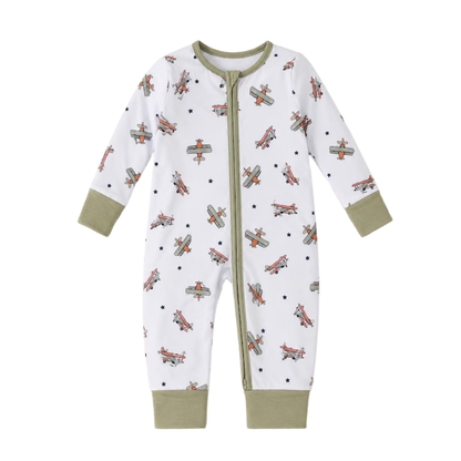 Airplane Green White Baby Convertible Romper With Zipper, Aircraft Baby Romper Convertible BB0333