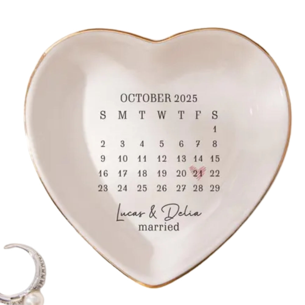 Custom Calendar Date Engagement Wedding Ring Dish, Custom Calendar Wedding Jewelry Dish For Bridal WD0179