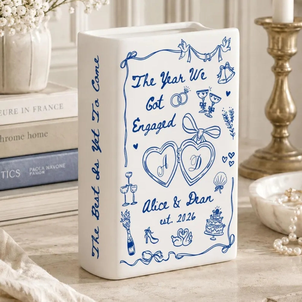 The Year We Got Engaged Custom Ceramic Book Vase, Personalized Engagement Book Vase For Couple WD0978