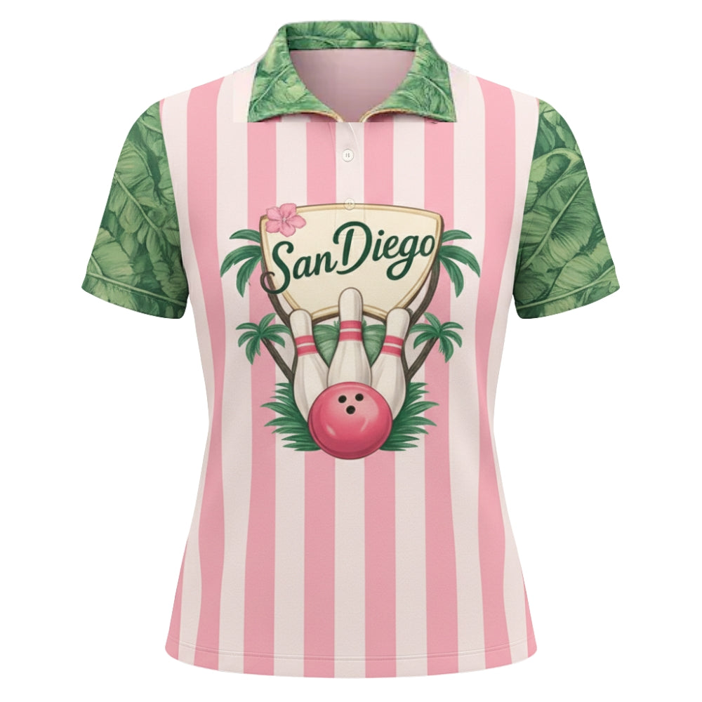 Custom San Diego Tropical Pink Bowling Polo Shirt Women, Custom San Diego Bowling Shirts BE0141