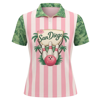 Custom San Diego Tropical Pink Bowling Polo Shirt Women, Custom San Diego Bowling Shirts BE0141