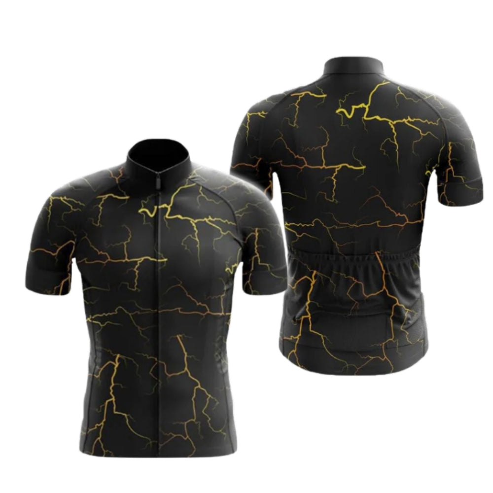 Black And Yellow Thunder Lightning Short Sleeve Men's Cycling Jersey, Thunder Cycling Jerseys CG0683