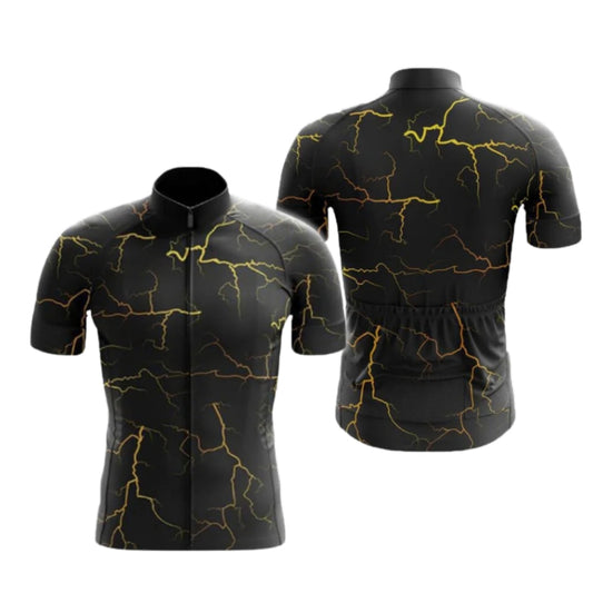 Black And Yellow Thunder Lightning Short Sleeve Men's Cycling Jersey, Thunder Cycling Jerseys CG0683
