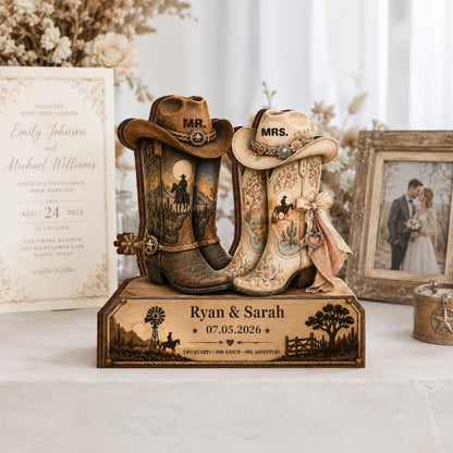 Personalized Cowboy Boots Mr Mrs Wooden Plaque, Custom Western Wedding Wooden Block For Couple WD0874