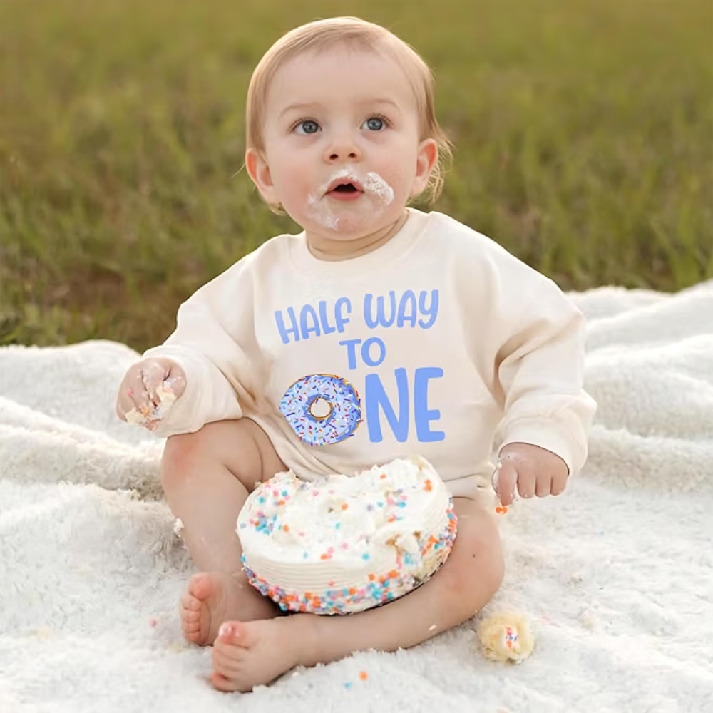 Custom Donut Half Way To One Baby Romper Sweatshirt, Custom Donut 1/2 Birthday Romper Sweatshirt Baby BB0578