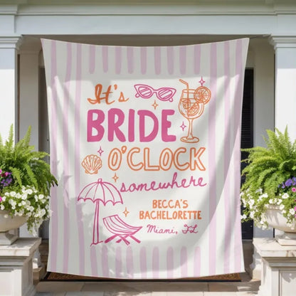 It's Bride O'clock Somewhere Custom Pink Stripe Bachelorette Banner, Custom Bachelorette Party Banner WD0429