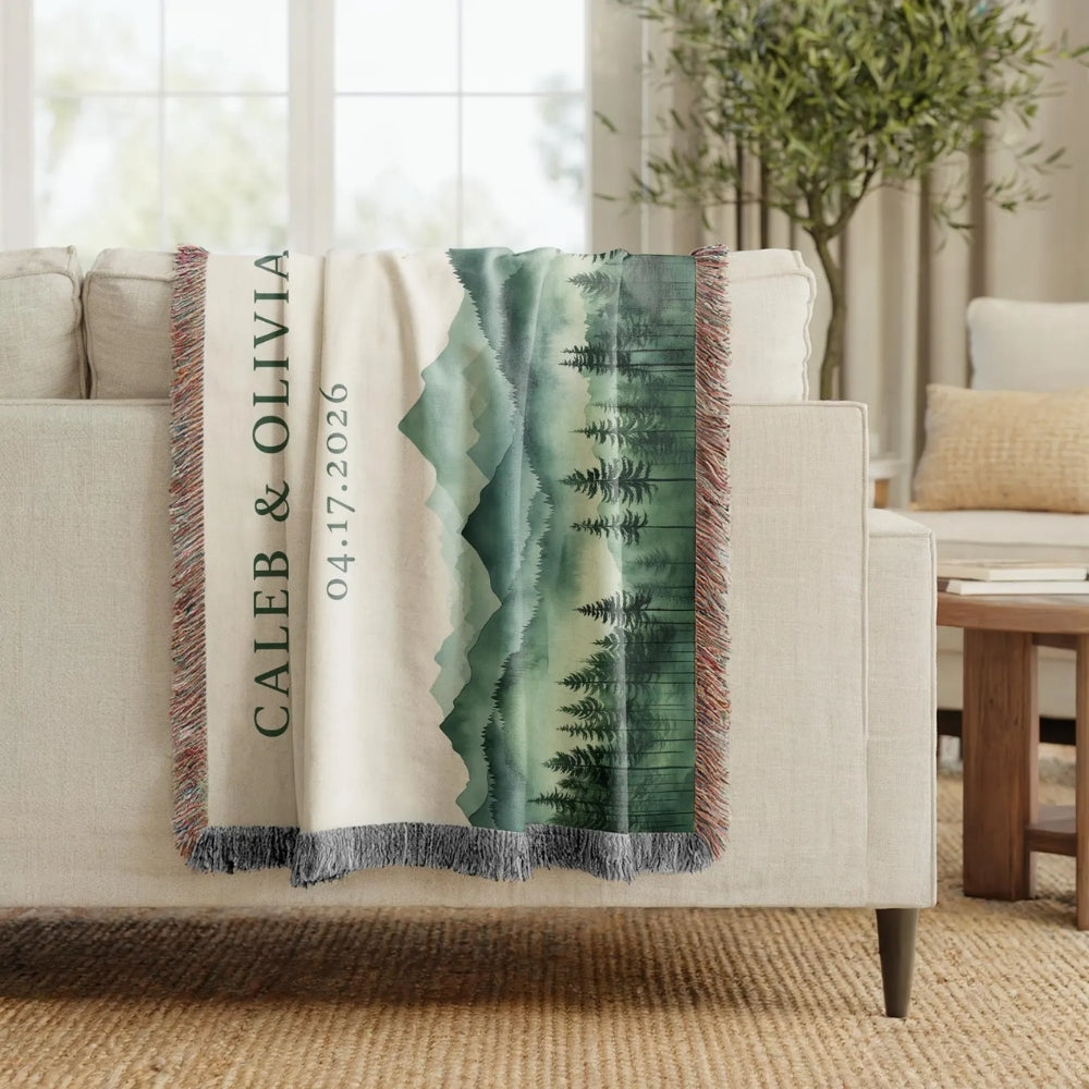 Custom Mountain Forest Wedding Woven Blanket For Couple, Custom Name & Date Wedding Throw Blanket WD0162