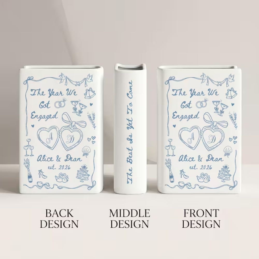 The Year We Got Engaged Custom Ceramic Book Vase, Personalized Engagement Book Vase For Couple WD0978