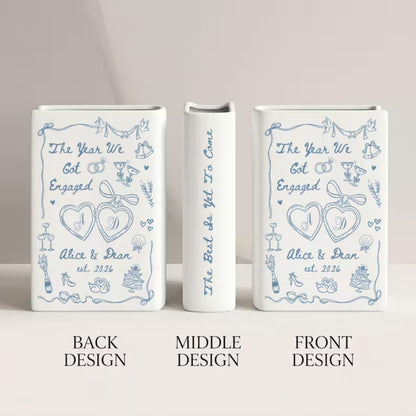 The Year We Got Engaged Custom Ceramic Book Vase, Personalized Engagement Book Vase For Couple WD0978