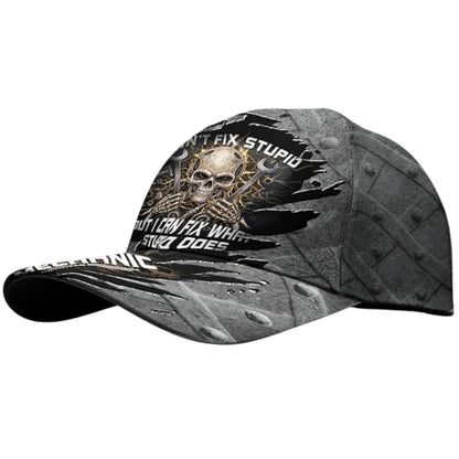 I Can't Fix Stupid But I Can Fix What Stupid Does Skull Mechanic Baseball Cap, Funny Mechanic Cap 3D Printed CP0508