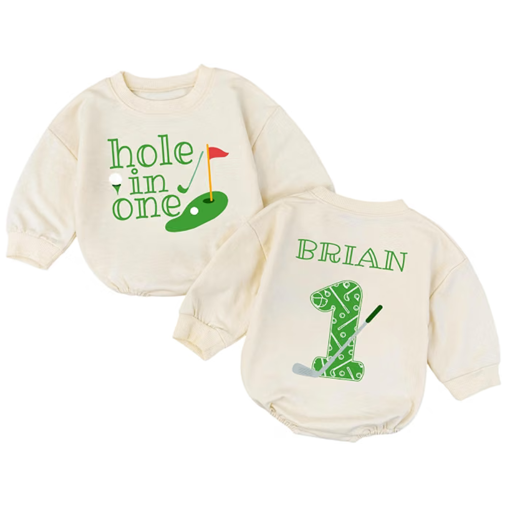 Custom Hole In One Golf Baby Romper Sweatshirt, Custom Golf First Birthday Baby Romper Sweater BB0579