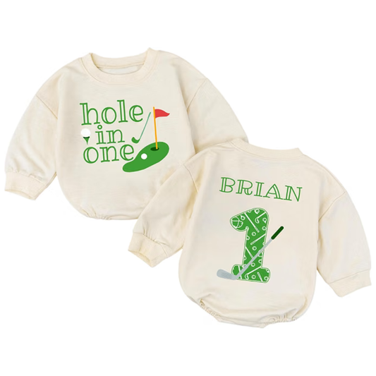 Custom Hole In One Golf Baby Romper Sweatshirt, Custom Golf First Birthday Baby Romper Sweater BB0579